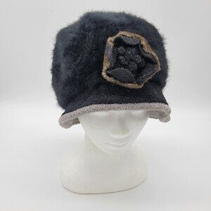 Dahlia Hat Black Angora‎ Blend Felt Hat One Size Est Sz M Floral Flower Boho